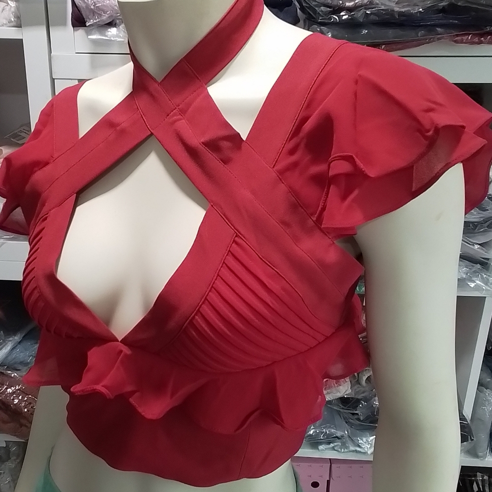 Ruffle Red Crop Silk Top NEW